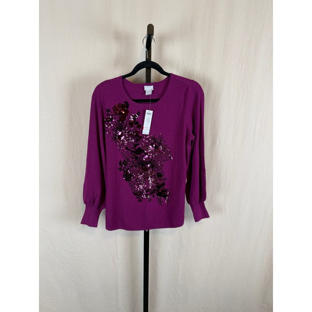 Chicos Plum‎ Berry Tonal Sequin Pullover Sweater Size M Festive Holiday